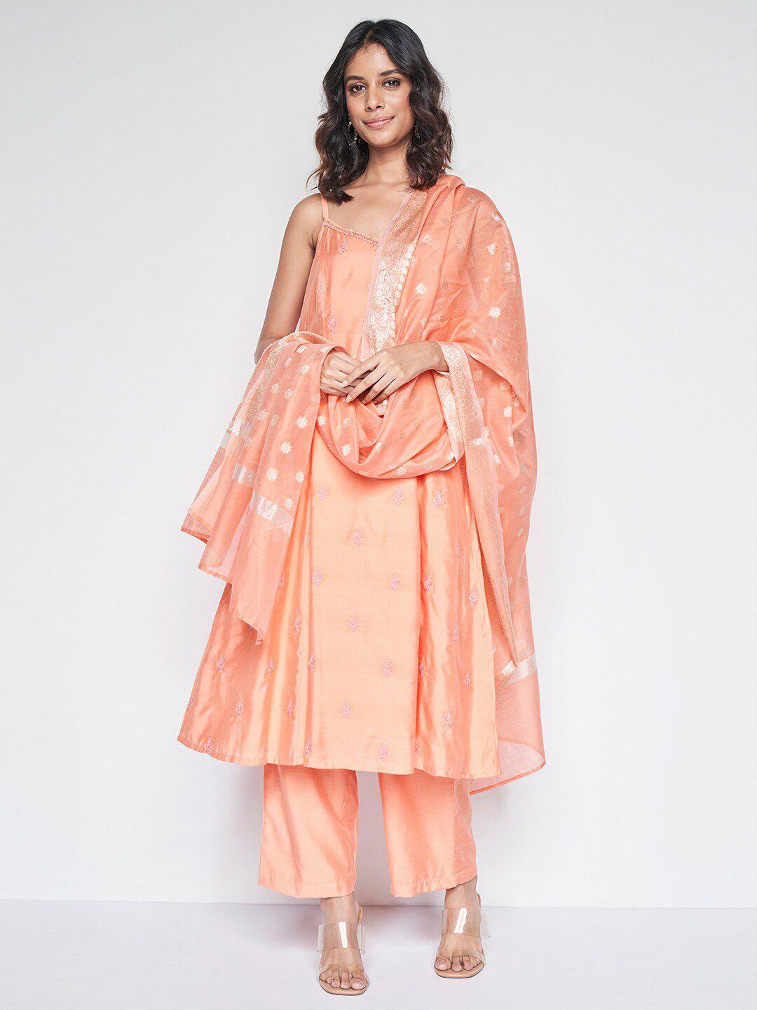 global desi floral embroidered shoulder straps a-line kurta & trousers with dupatta set