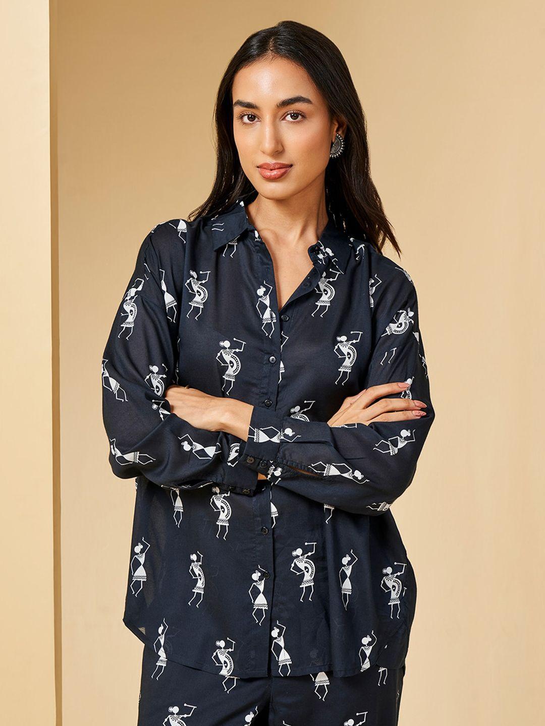 global desi floral print mandarin collar shirt style top