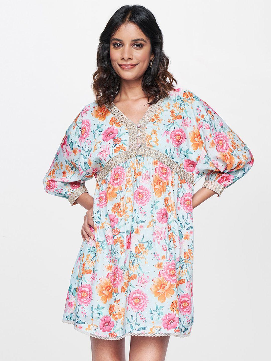 global desi floral printed gathered cuffed sleeves gathered a-line dress