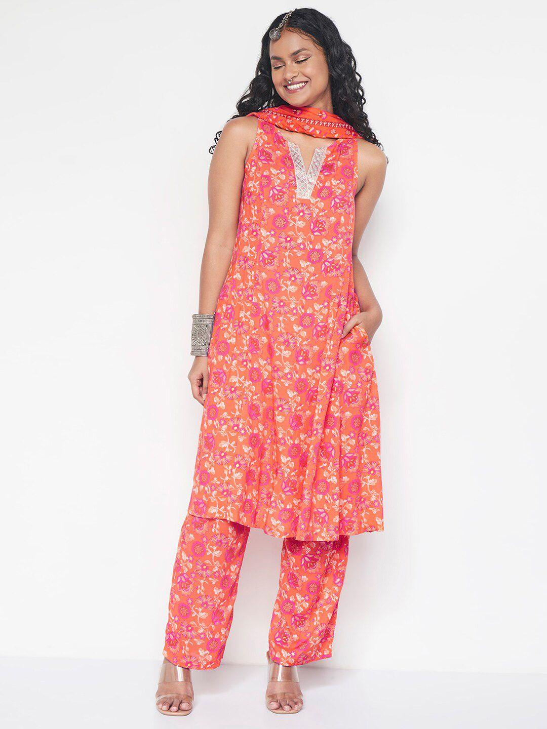 global desi floral printed kurta with trousers & with dupatta