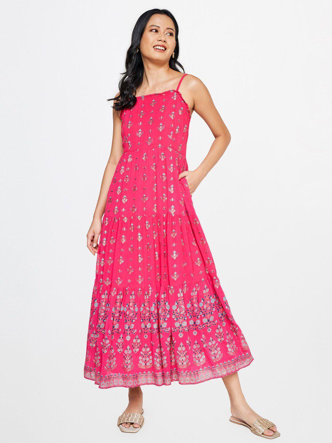 global desi floral printed shoulder strap a-line midi dress