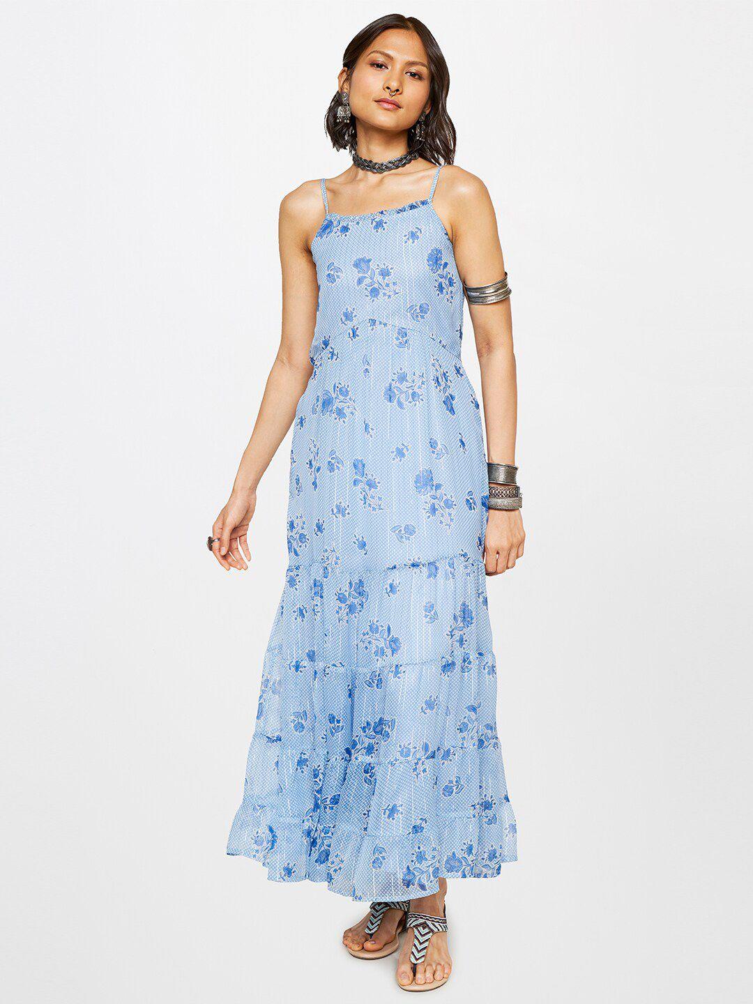 global desi floral printed shoulder straps tiered maxi dress