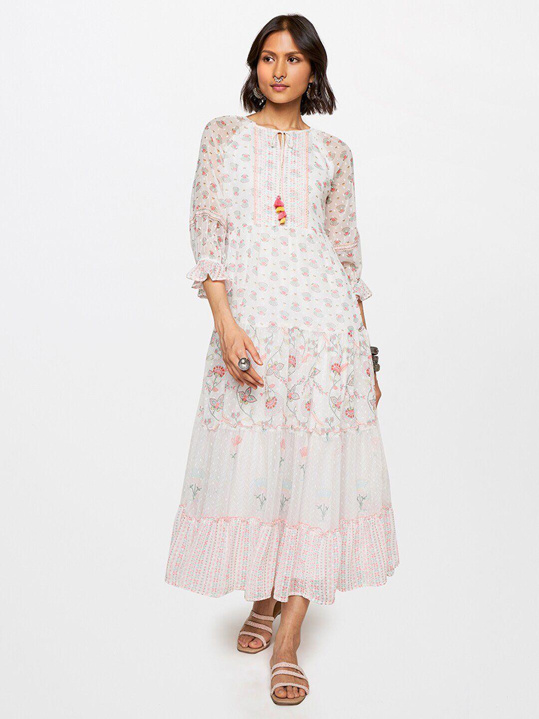 global desi floral printed tie-up neck tiered a-line dress