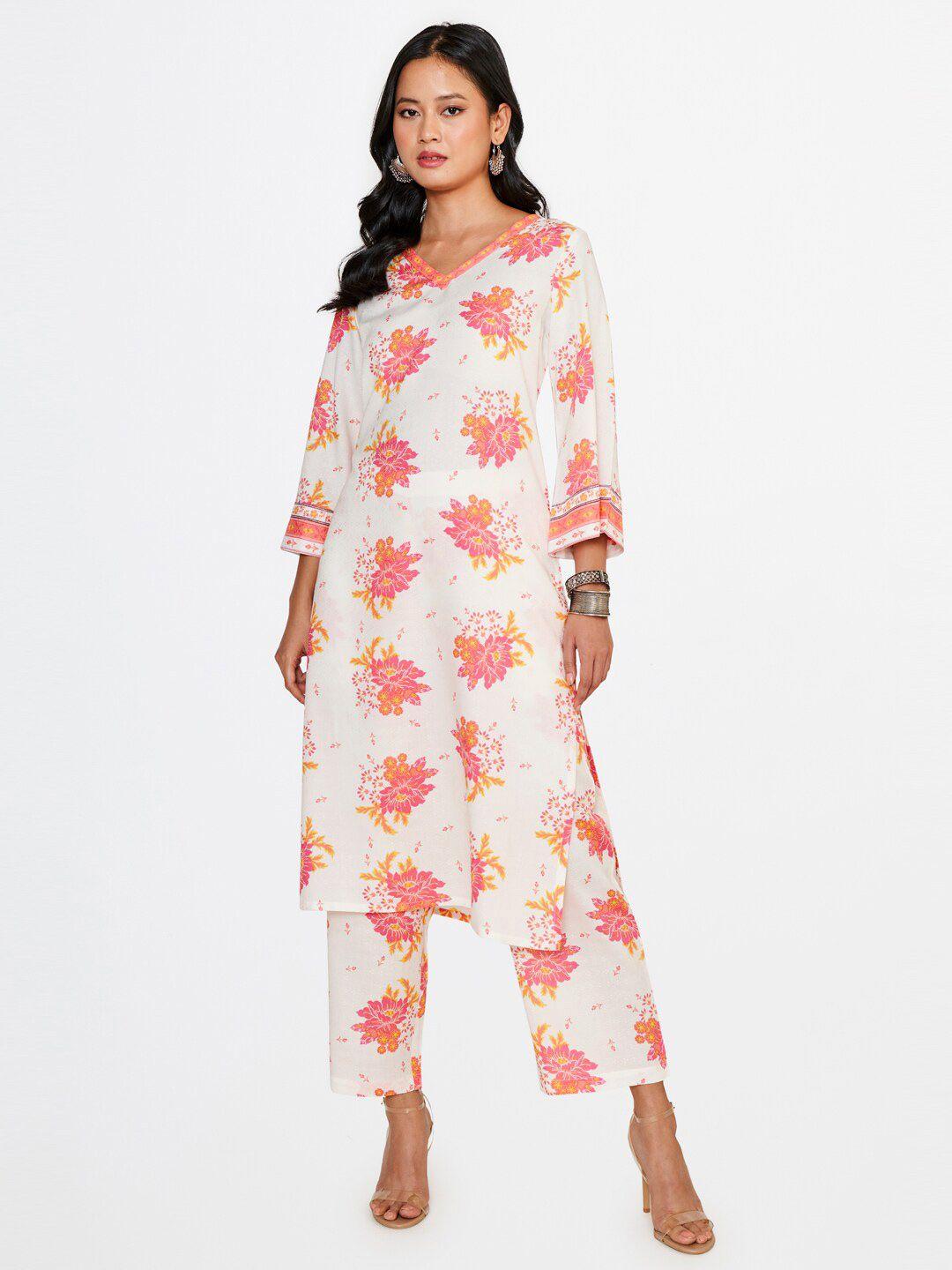 global desi floral printed v-neck kurta with trousers