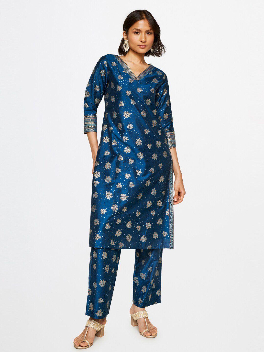 global desi floral printed v-neck kurta with trousers