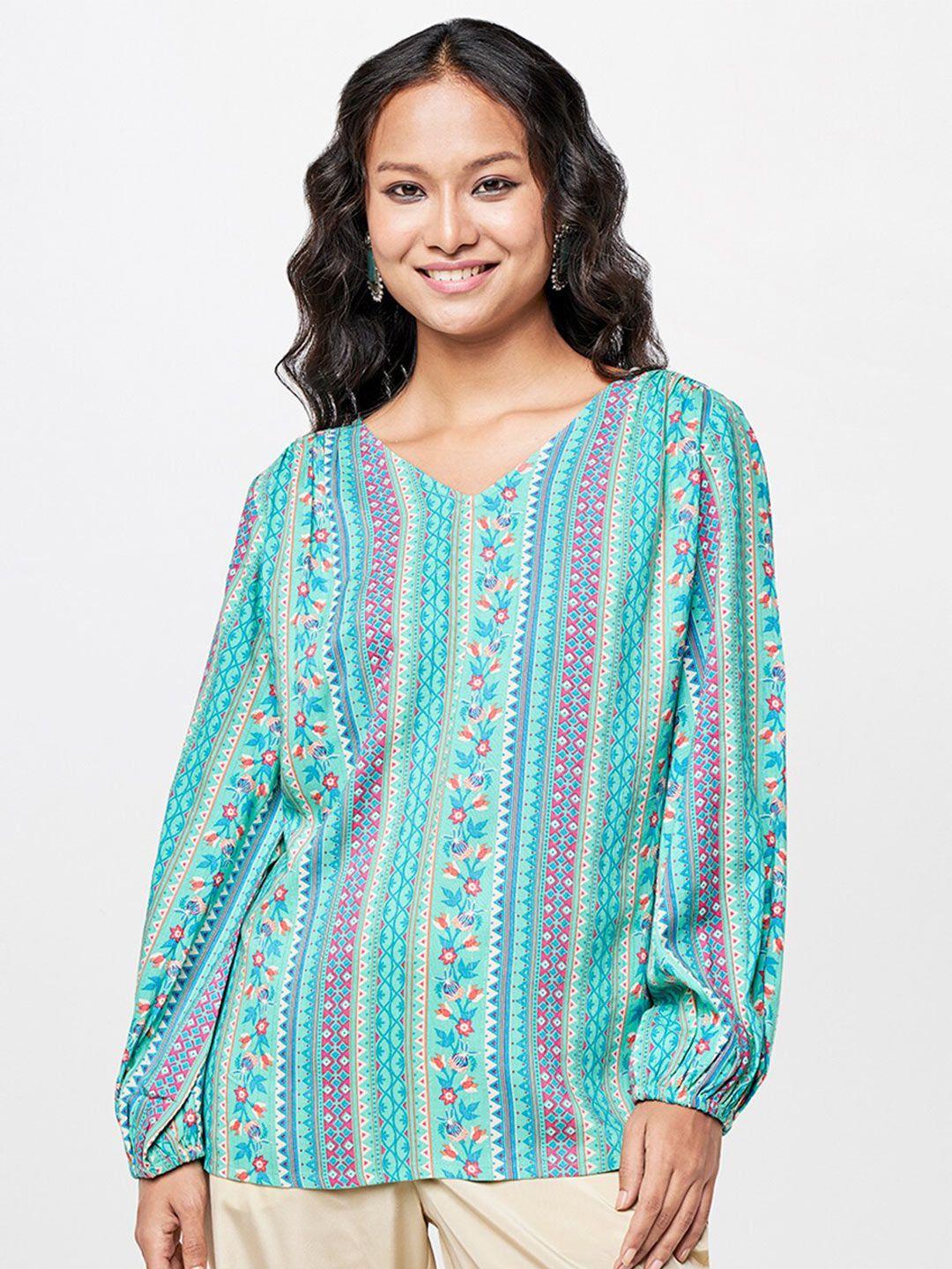 global desi floral printed v-neck puff sleeves top