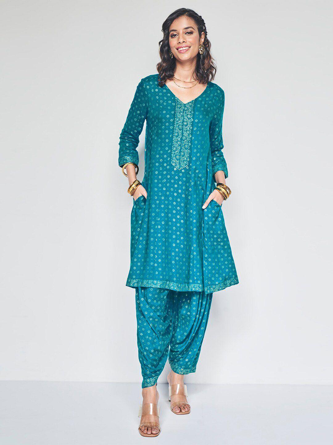 global desi floral printed v-neck three-quarter sleeves a-line kurta with patiala