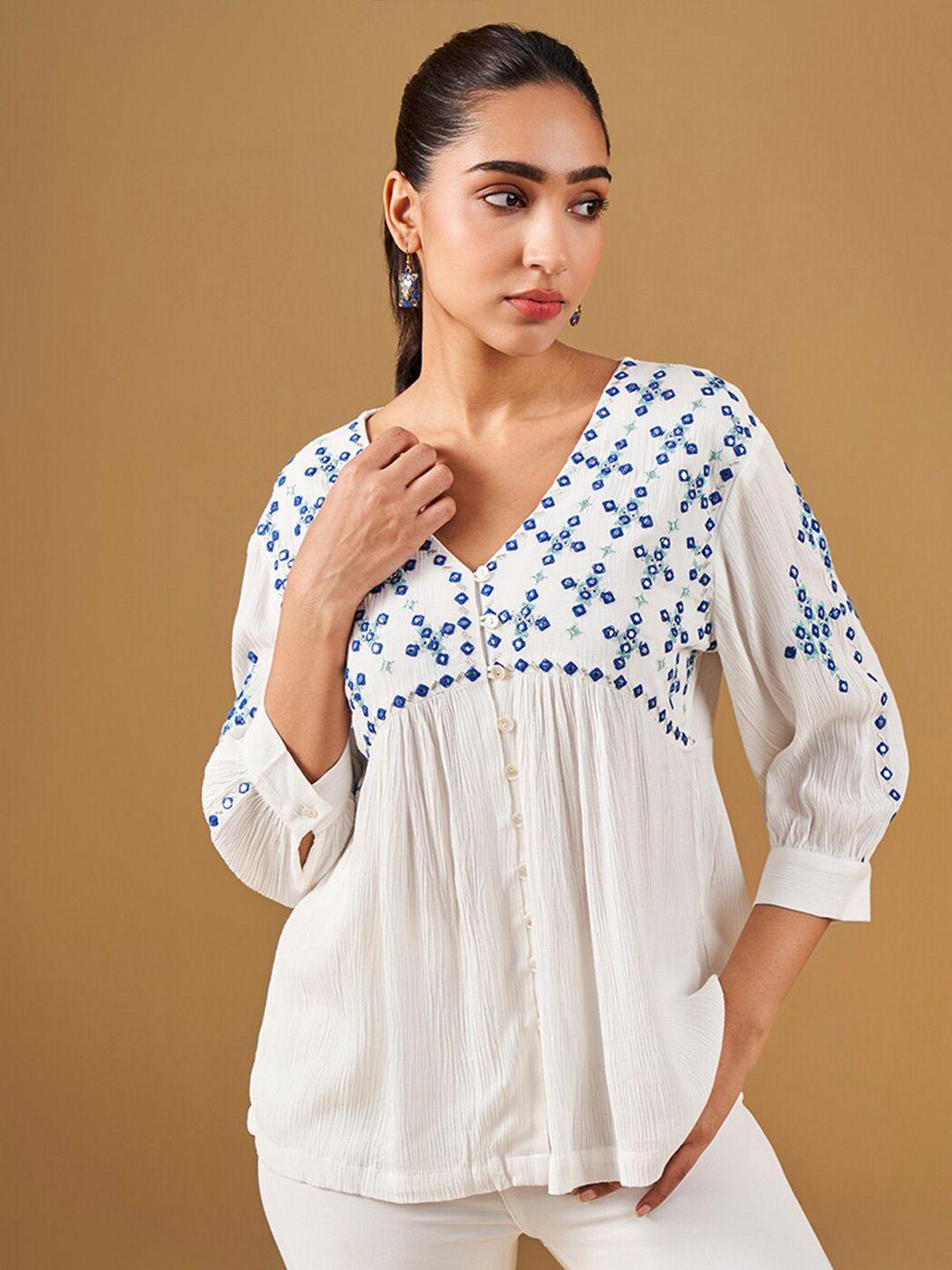 global desi geometric embroidered a-line top