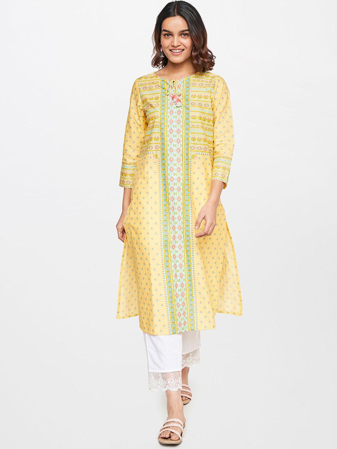 global desi geometric printed tie-up neck pure cotton kurta