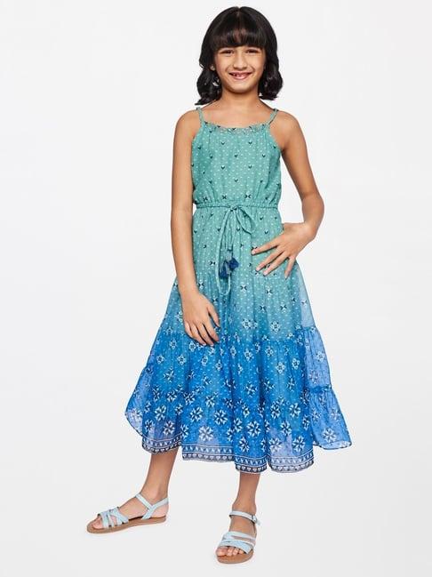 global desi girl kids blue floral print casual dress
