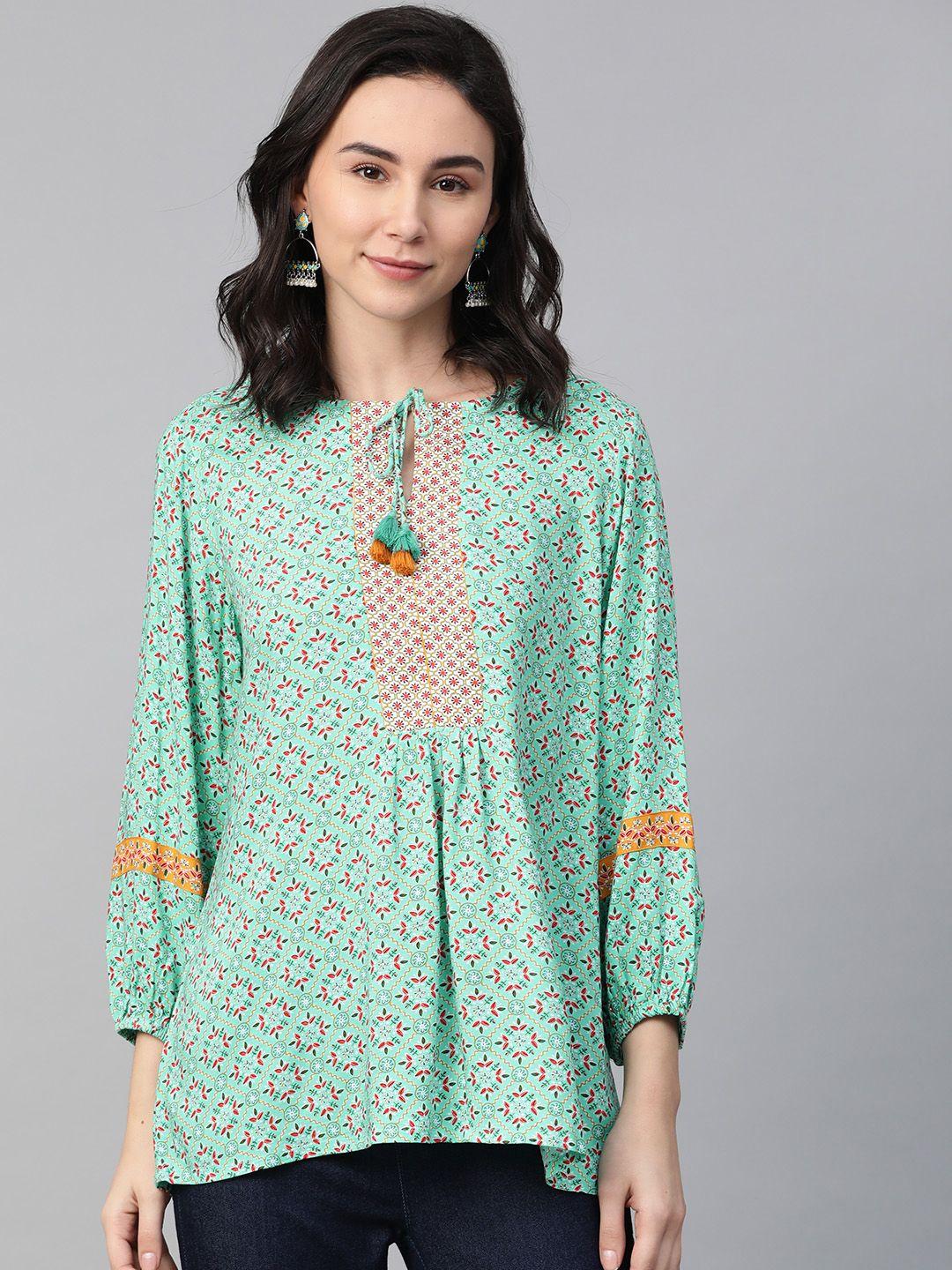 global desi green & red sustainable printed keyhole neck puff sleeves top