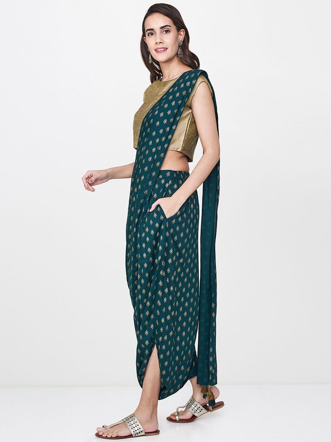 global desi green printed viscose rayon dhoti saree