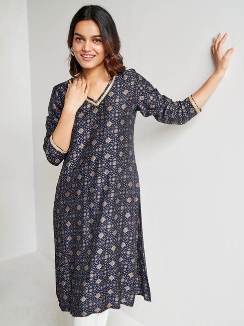 global desi indigo geometric print straight kurta