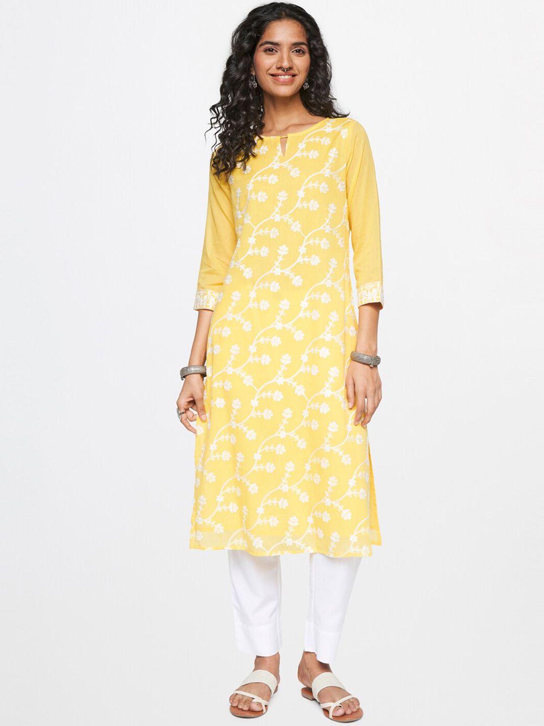 global desi keyhole neck floral embroidered straight pure cotton kurta