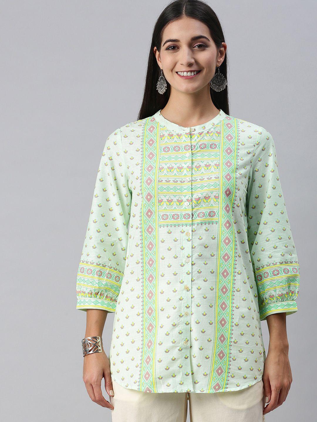 global desi light green mandarin collar ethnic printed cotton tunic