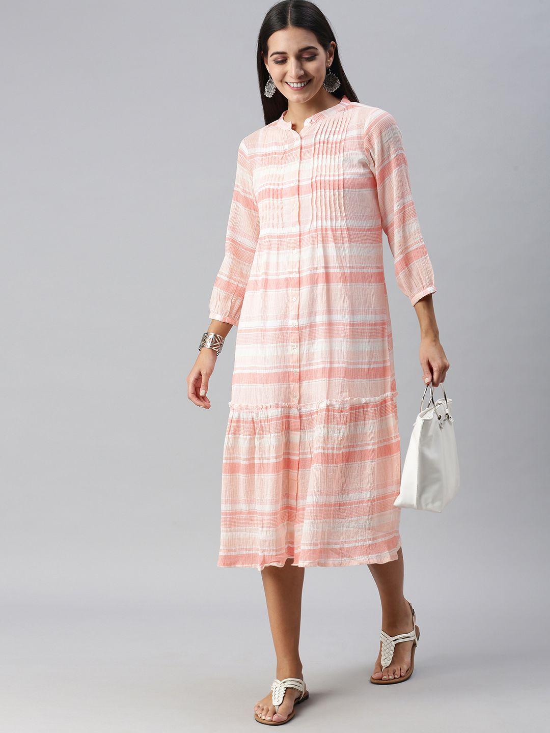 global desi light pink & white striped mandarin-collar tiered a-line dress