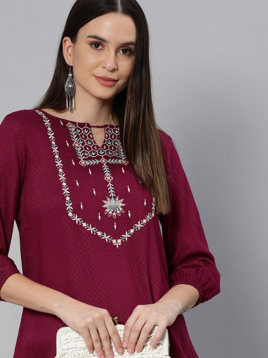 global desi maroon & white embroidered keyhole neck top