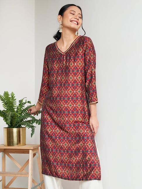 global desi maroon geometric print straight kurta