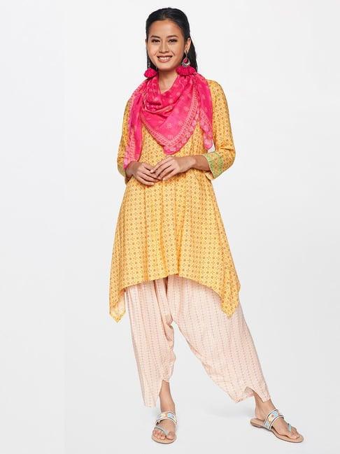 global desi mustard & cream flare fit printed tunic bottom set with scarf