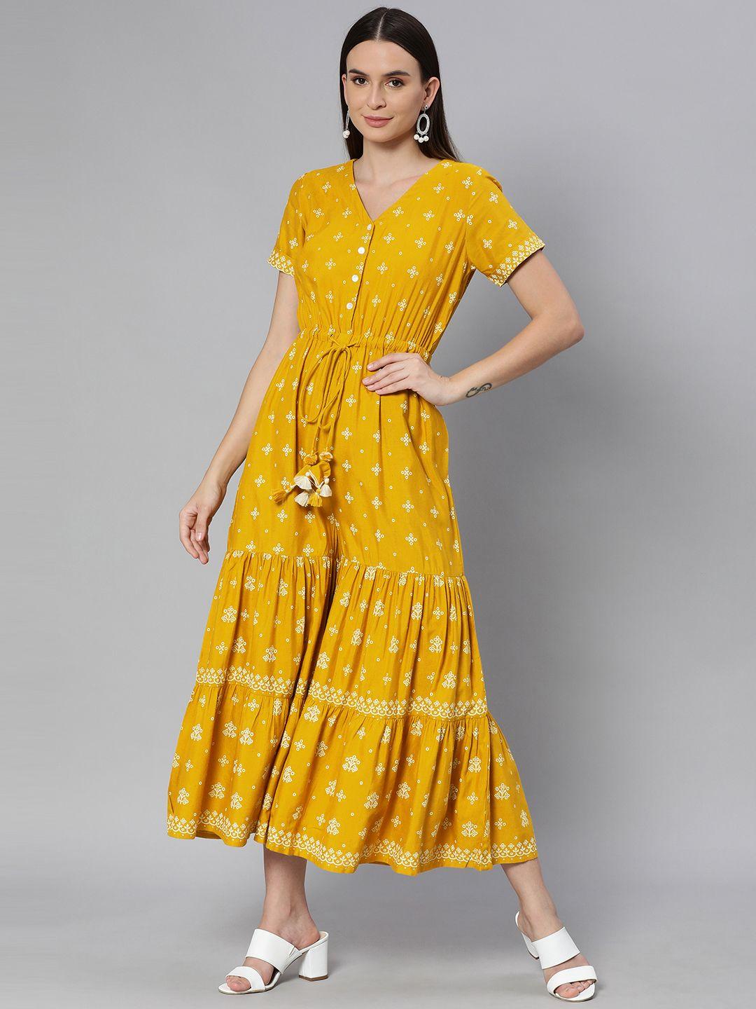 global desi mustard & white printed basic jumpsuit with waist tie up