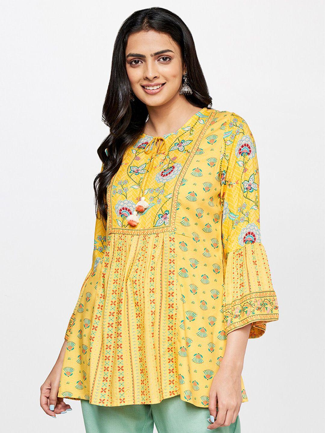 global desi mustard ethnic motifs printed tie-up neck top