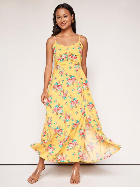 global desi mustard floral maxi dress