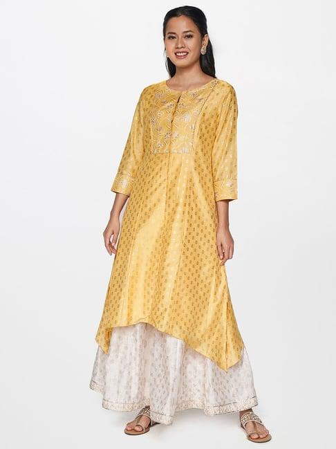 global desi mustard floral print high low kurta