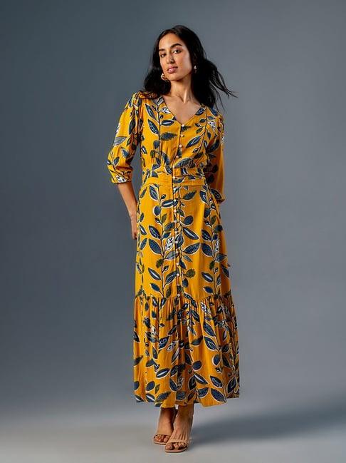 global desi mustard floral print maxi dress