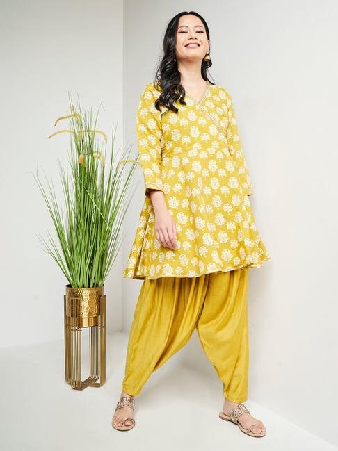 global desi mustard printed kurta with dhoti pants