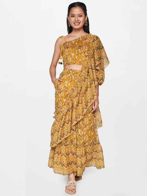 global desi mustard printed ready to wear saree