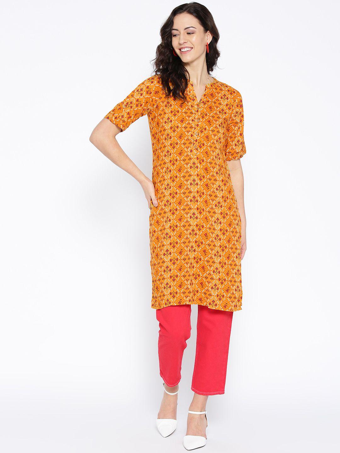 global desi mustard yellow & red printed tunic