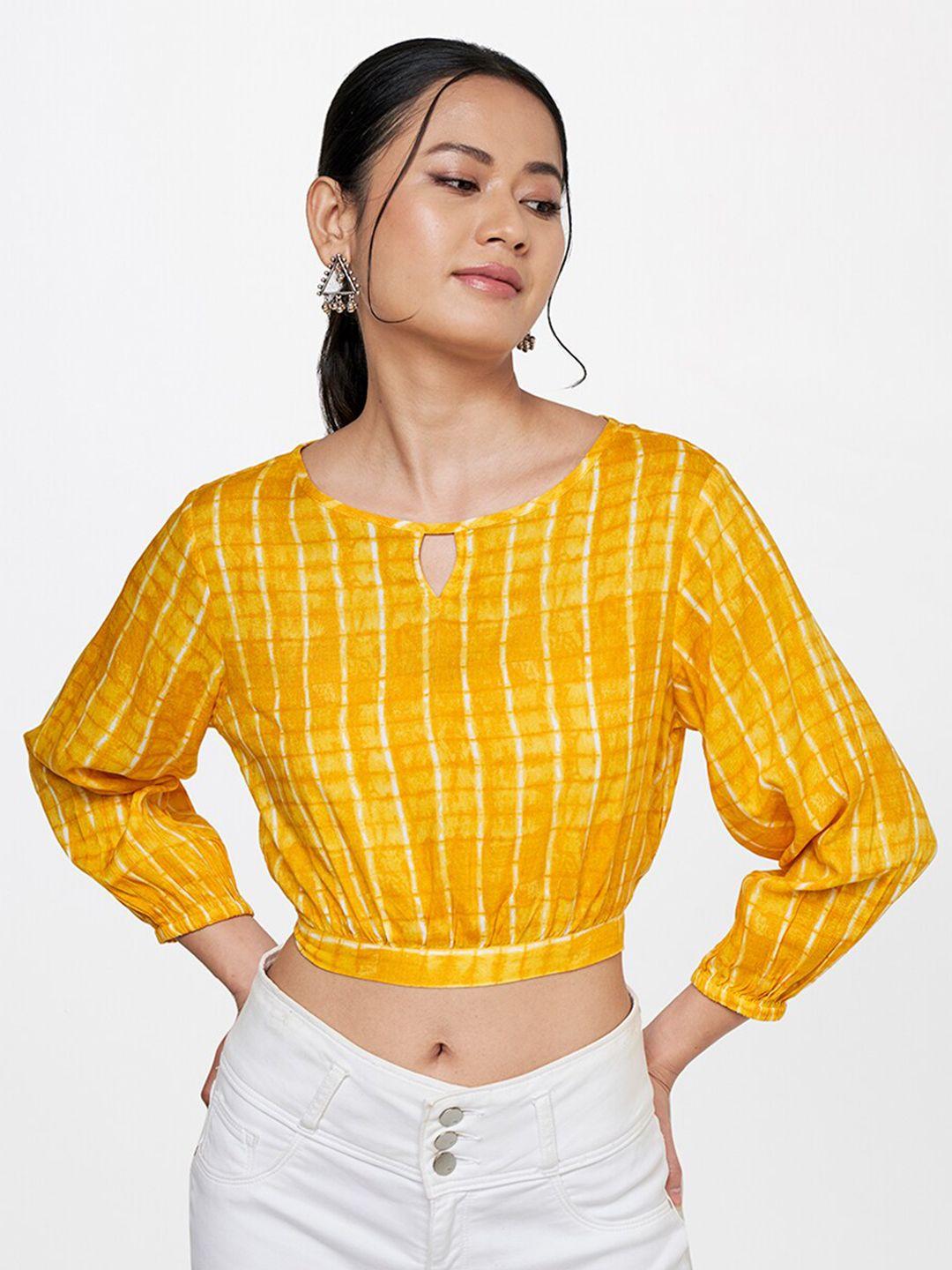 global desi mustard yellow & white checked keyhole neck crop top