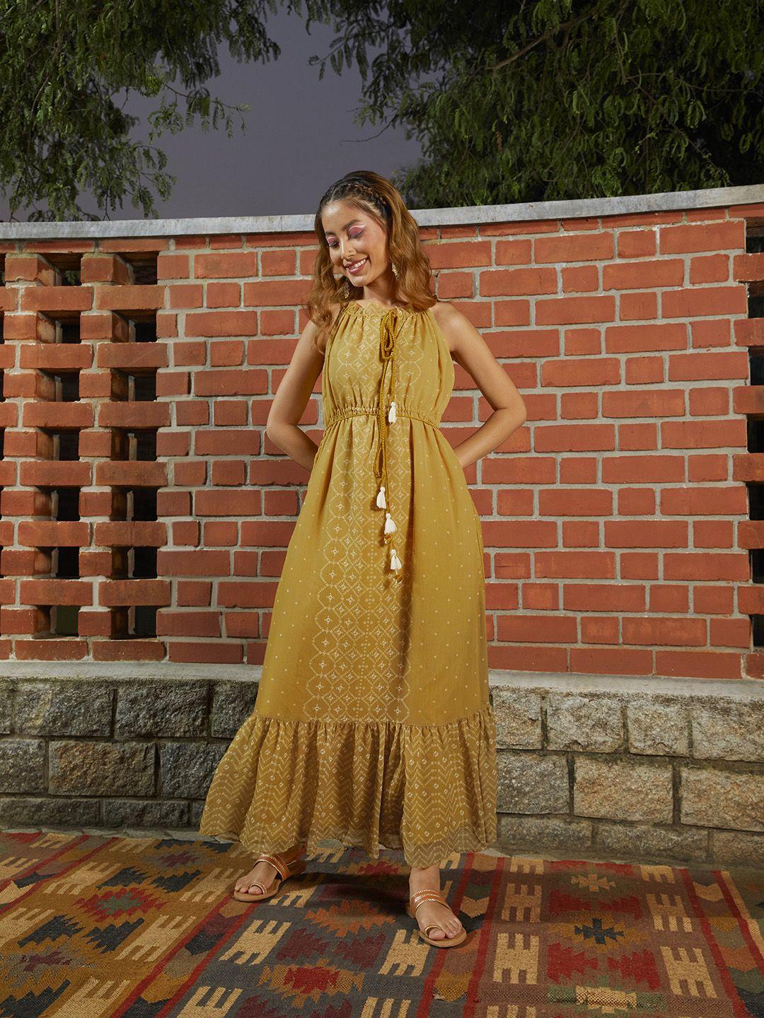 global desi mustard yellow & white shoulder sleeves a-line maxi dress