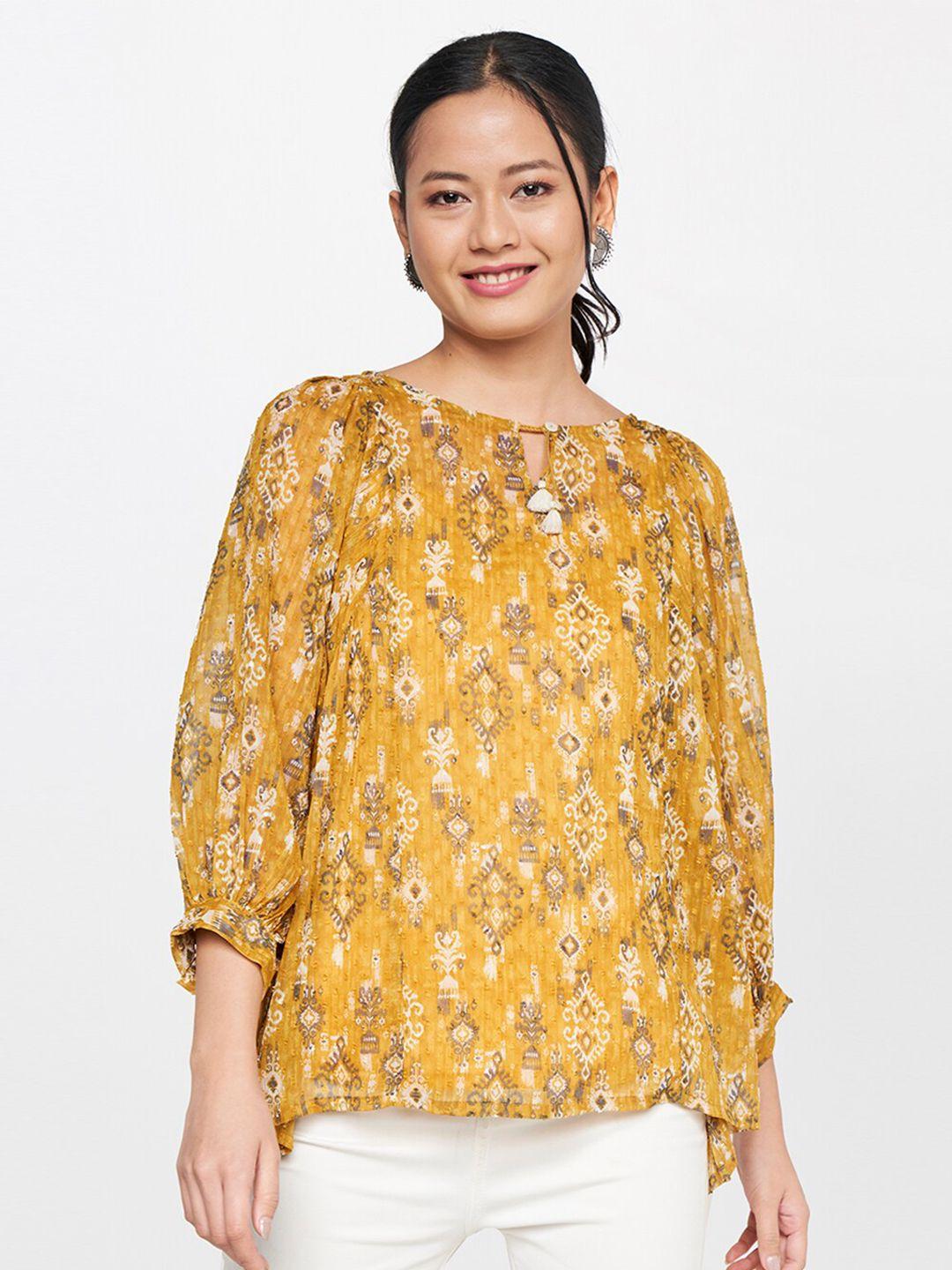 global desi mustard yellow floral print puff sleeve top