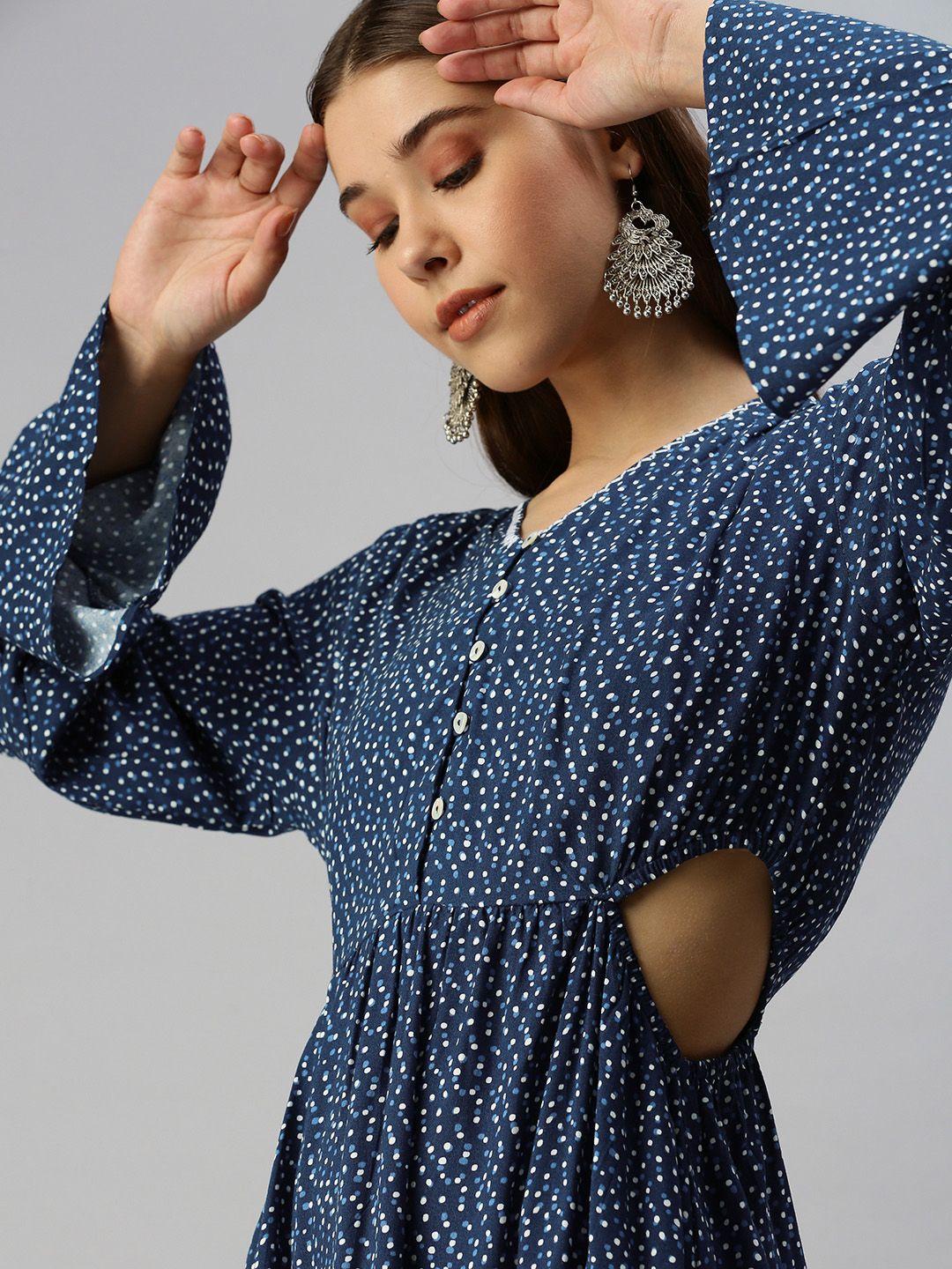 global desi navy blue & white polka dot print v-neck bell sleeves cut out midi dress