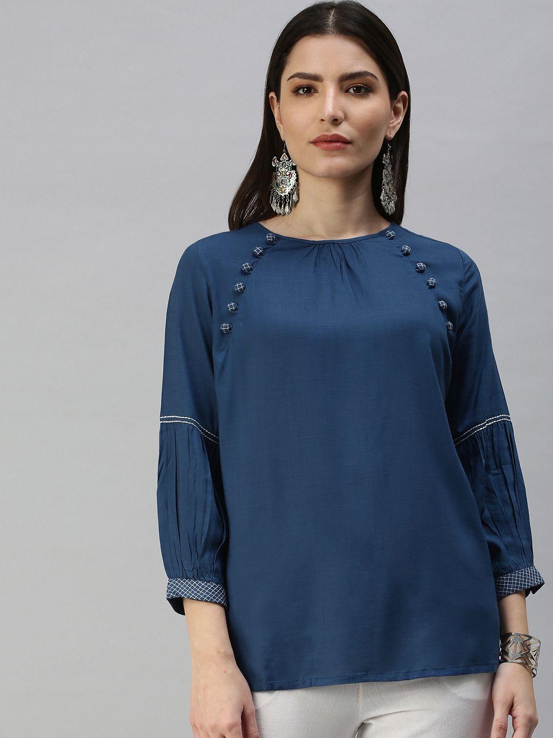 global desi navy blue embroidered button detailed top