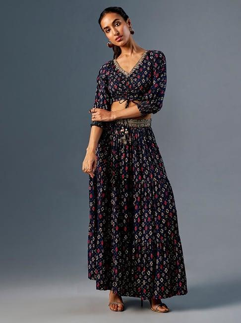 global desi navy printed top & skirt