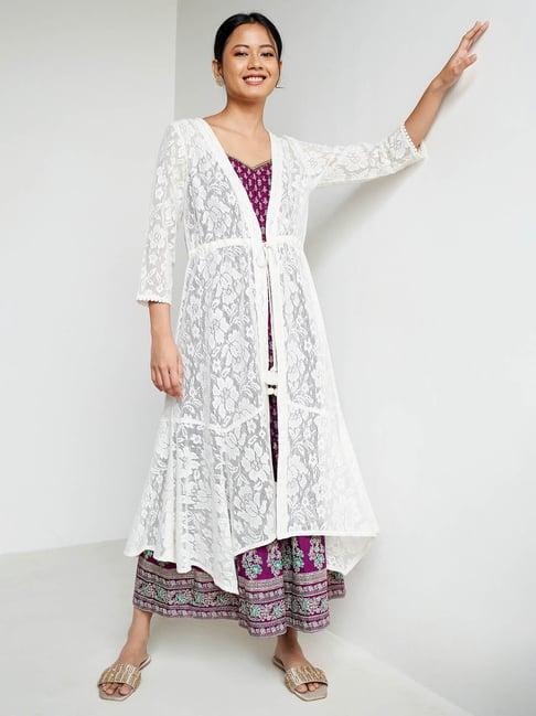 global desi off white cotton floral long shrug