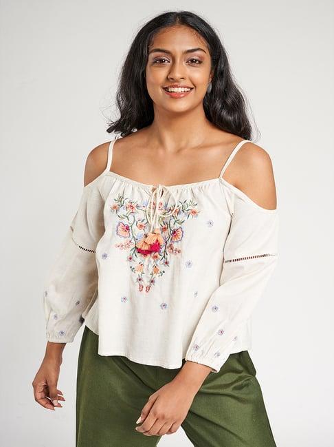 global desi off white embroidered top