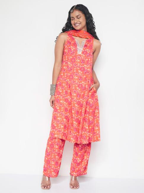 global desi orange & pink printed kurta pant set with dupatta