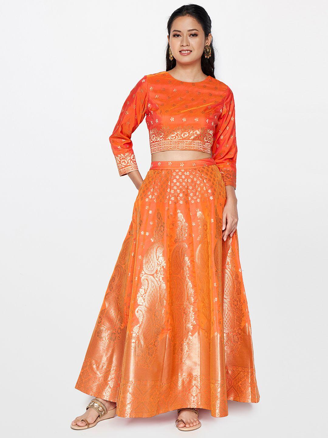 global desi orange banarasi embellished block print ready to wear lehenga & choli