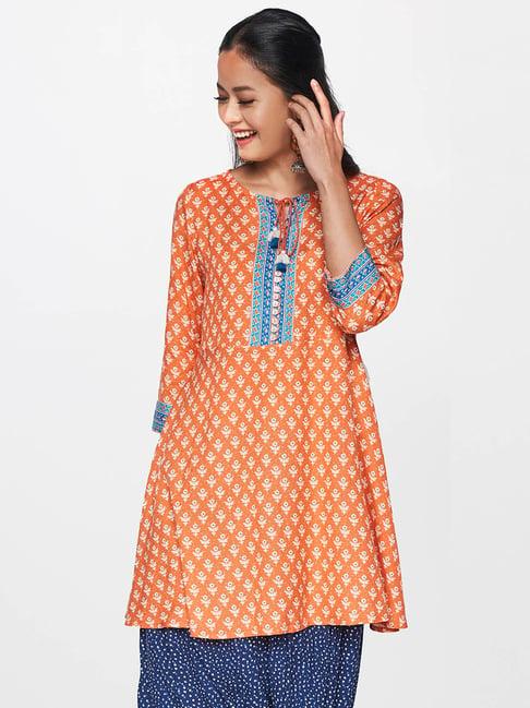 global desi orange floral print kurti