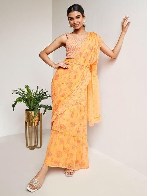 global desi orange floral print ready to wear saree