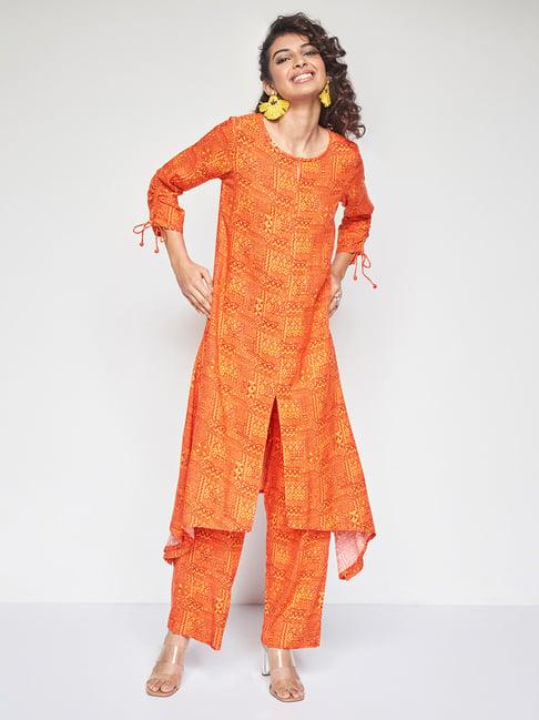 global desi orange printed kurta pant set