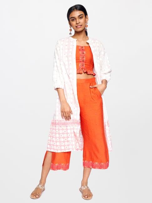 global desi orange printed top & pant set with jacket