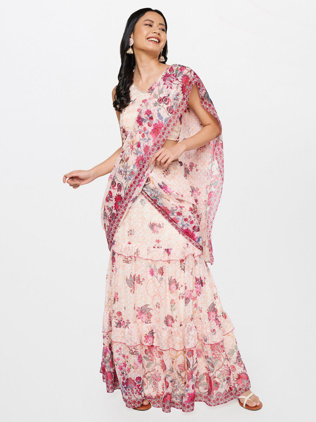 global desi peach-coloured & pink floral ready to wear saree