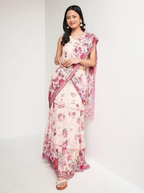 global desi peach floral print flared saree