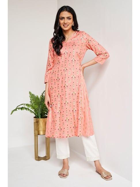 global desi peach floral print kurta