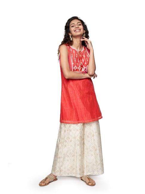 global desi pink & beige embroidered kurta with palazzos