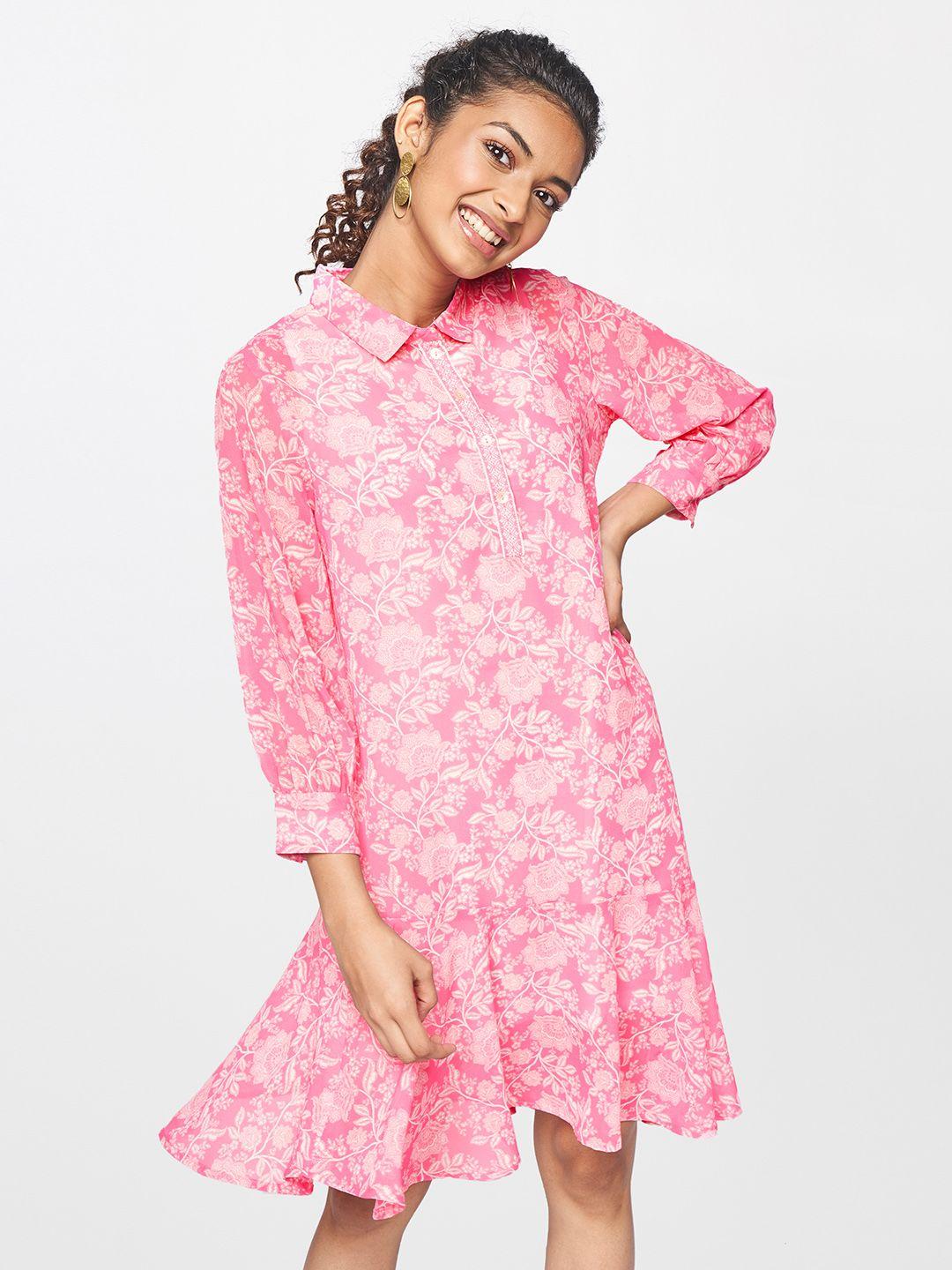 global desi pink & white floral asymmetric shirt dress